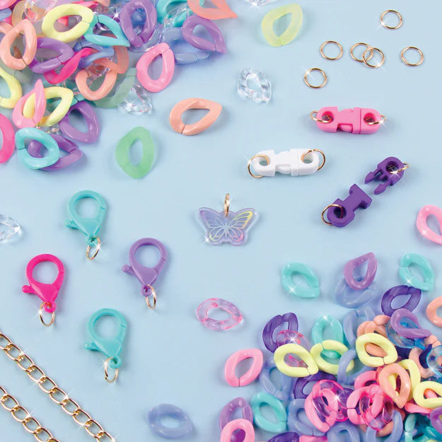 Blue background with visual of pastel links, charms and fasteners