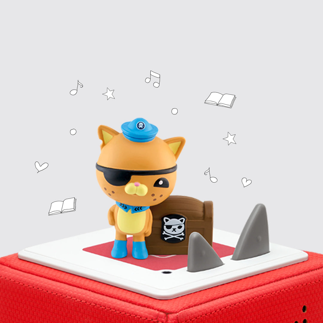 Tonie figurine Octonauts Kwazii Cat with pirate treasure chest and eye patch on top of Toniebox