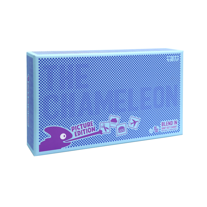 Blue box with purple chameleon in bottom left corner