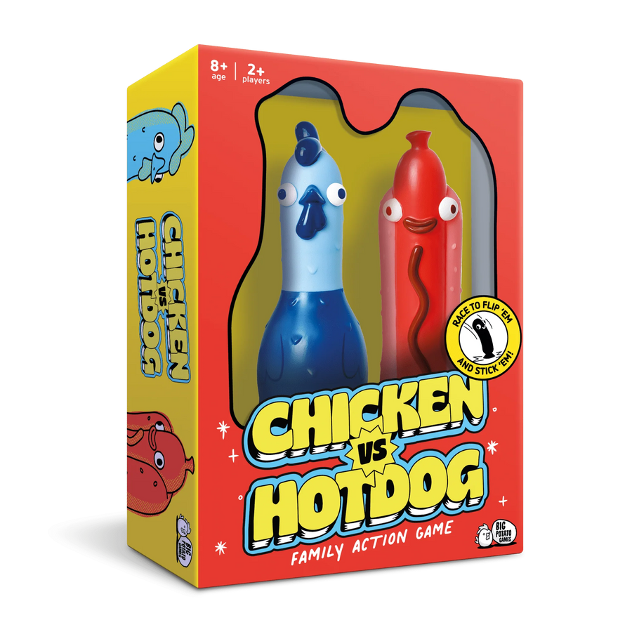 Blue chicken and red hot dog sling'em in a box
