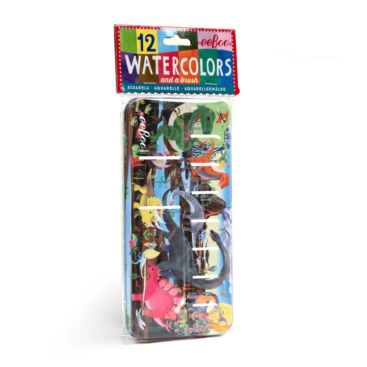 cover art of dinosaur watercolor tin