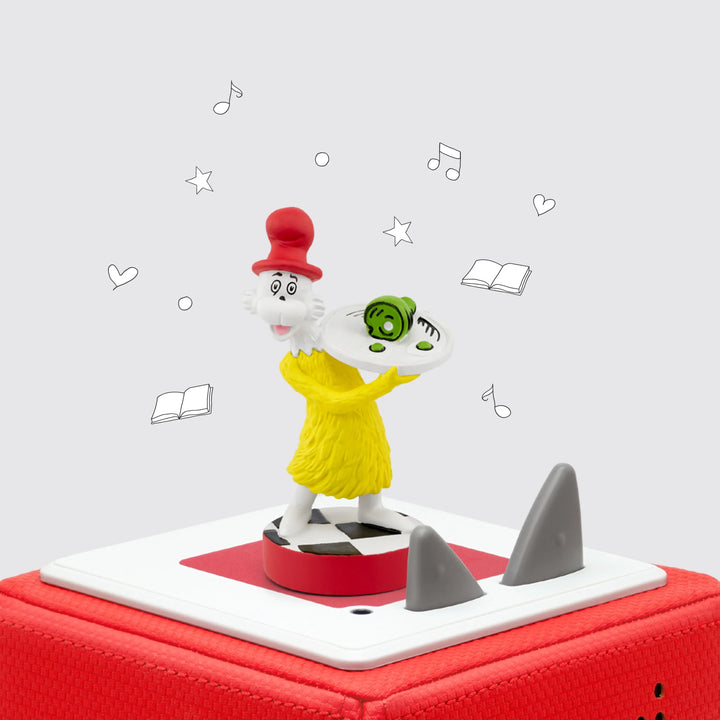 Green eggs and ham character Tonies figurine on top of Tonie box