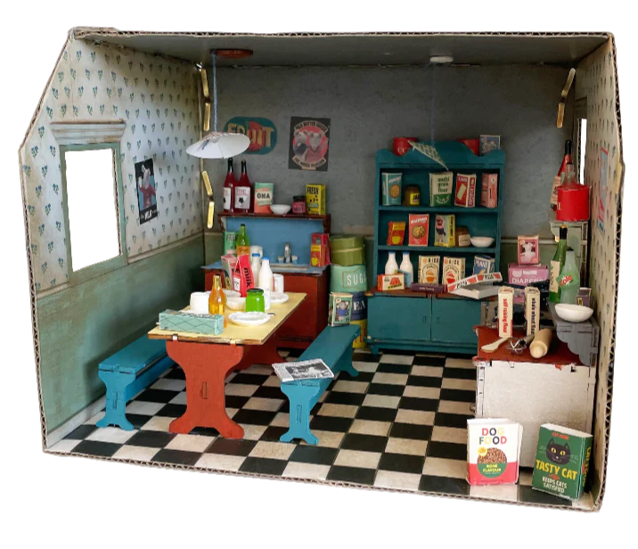 example of furniture in cardboard kitchen, painted