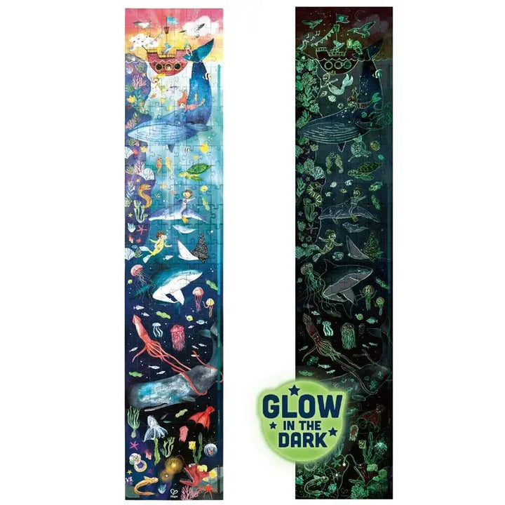 completed puzzle side by side with normal and glow in the dark