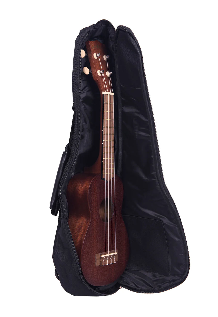 Ukulele gig bag zipper open with wooden ukulele inside