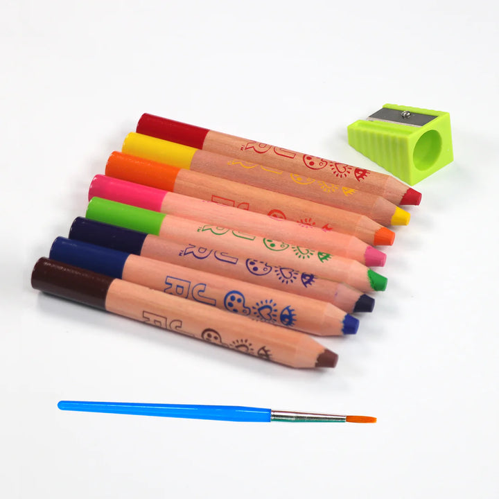 angled side view of water color pencils, included sharpener and paintbrush