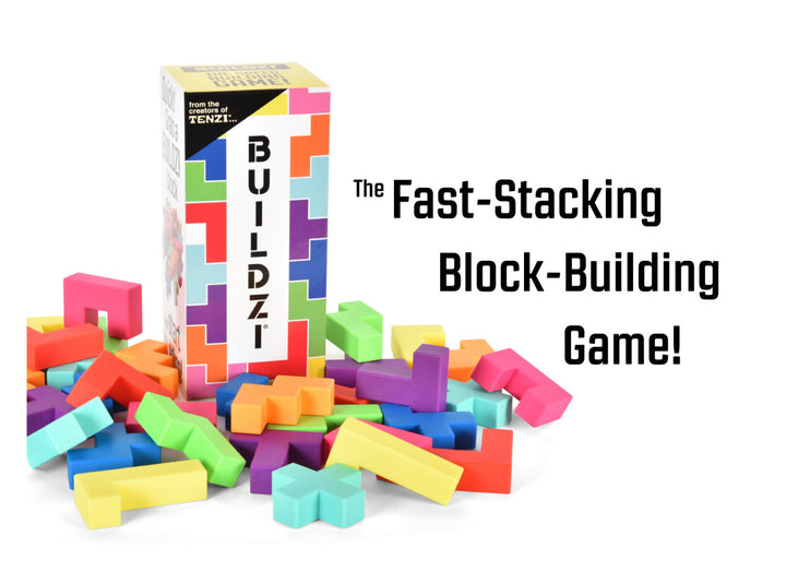 Buildzi boxed game surrounded by colorful pieces