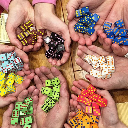 4 pairs of hands holding different color di