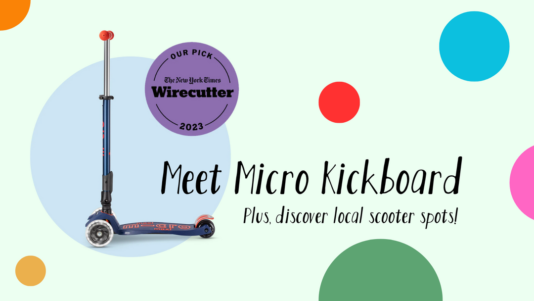 "Meet Micro Kickboard." A picture of a blue scooter with red handles. 