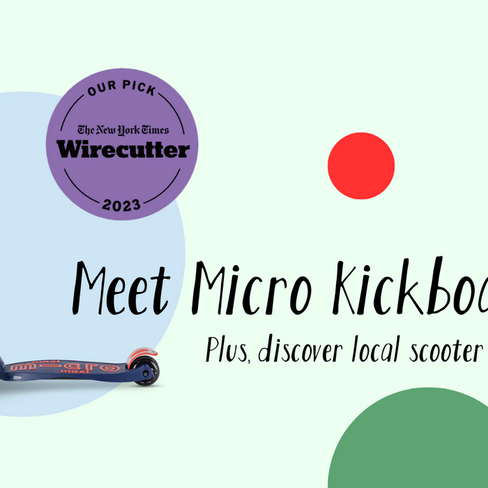 "Meet Micro Kickboard." A picture of a blue scooter with red handles. 