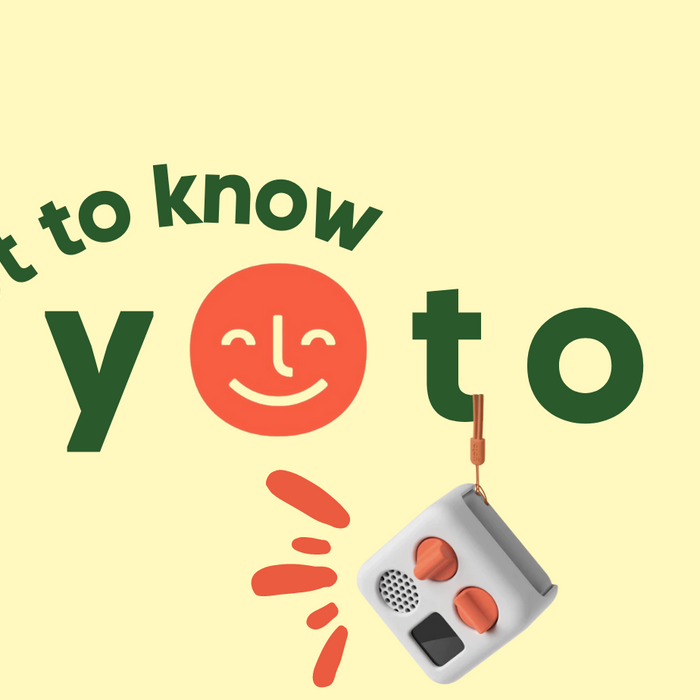 The headline reads, "Get to Know Yoto." A mini yoto player hangs underneath the word yoto. A yoto is an audio device for kids. 