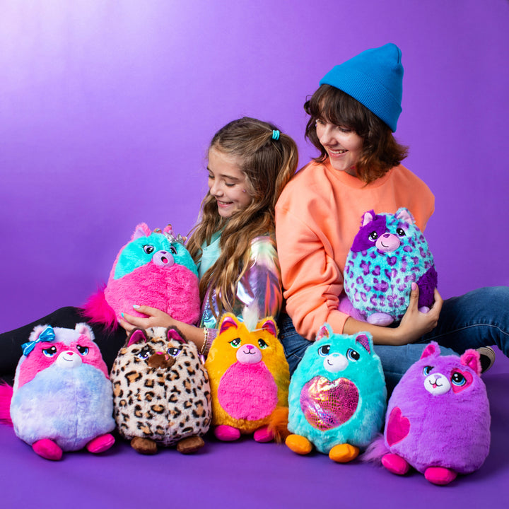 two kids sitting with all possible cats plushies
