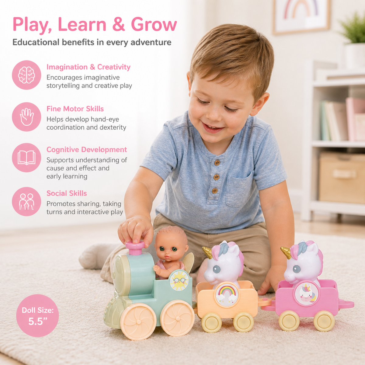 Lil' Cutesies Fairy Baby Doll & Unicorn Train Playset - 5.5" All Vinyl | JC Toys