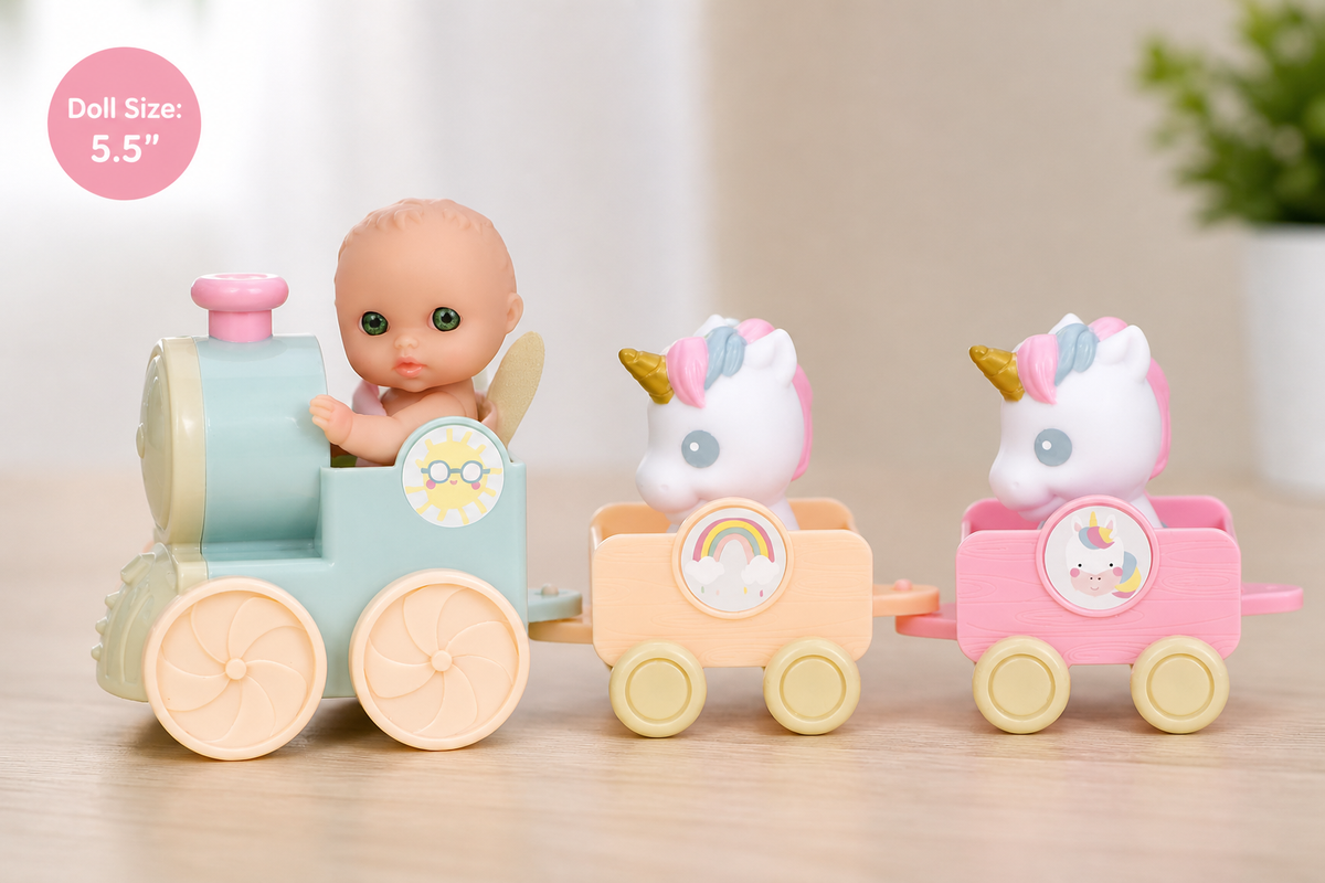 Lil' Cutesies Fairy Baby Doll & Unicorn Train Playset - 5.5" All Vinyl | JC Toys
