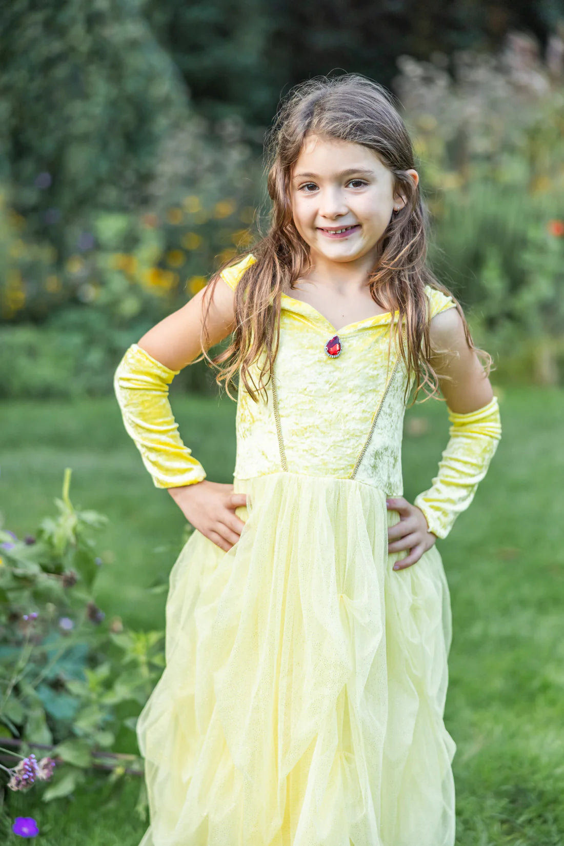Velvety Soft Yellow Princess Gown with Arm Warmers | Great Pretenders