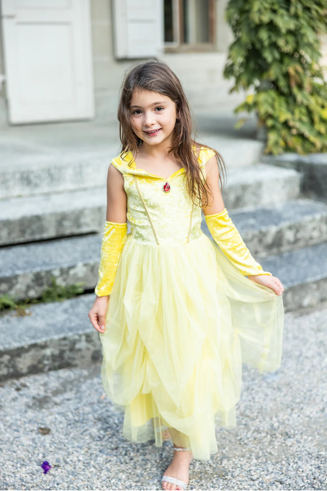 Velvety Soft Yellow Princess Gown with Arm Warmers | Great Pretenders