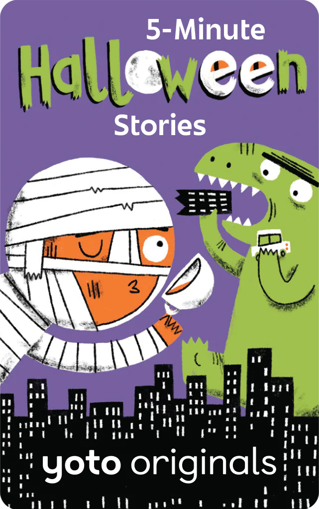 5 Minute Halloween Stories - Yoto Original Card with Mummy and dinosaur over city skyline