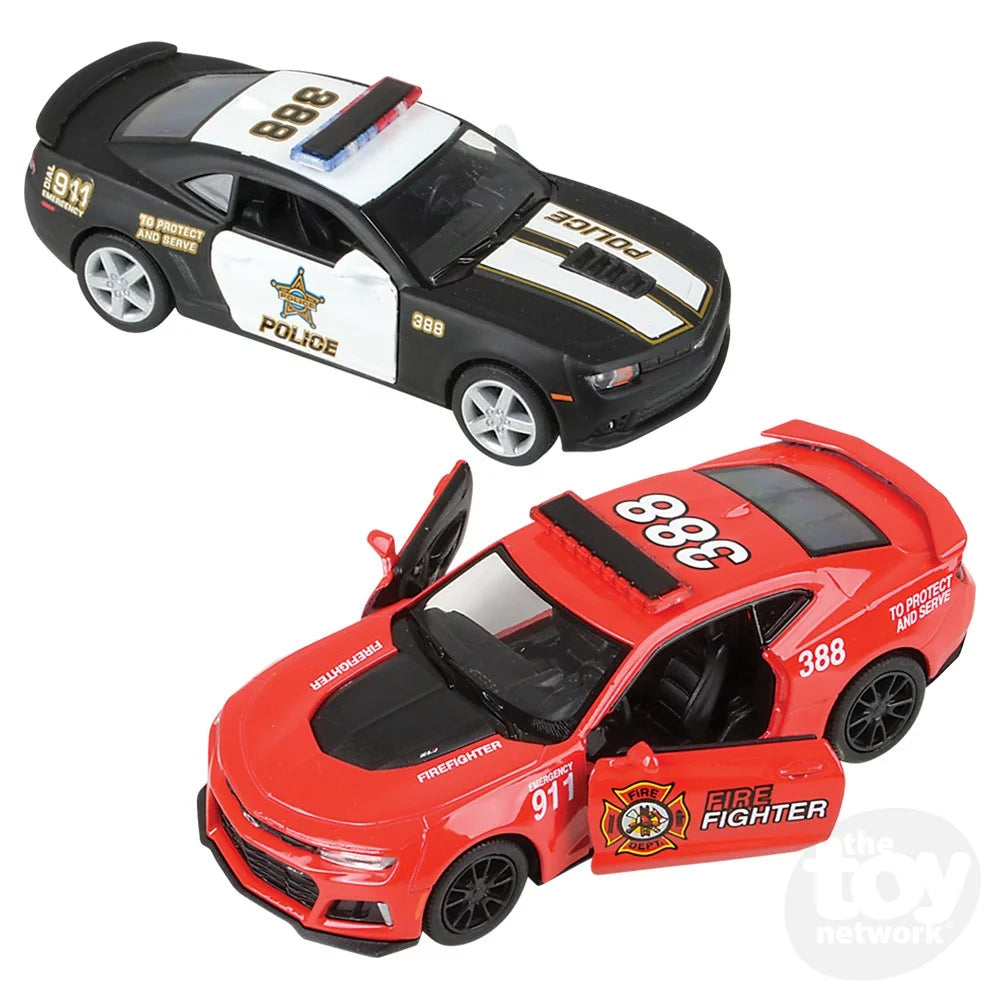5" Die-Cast Pull Back Chevy Police And Firefighter Camaro