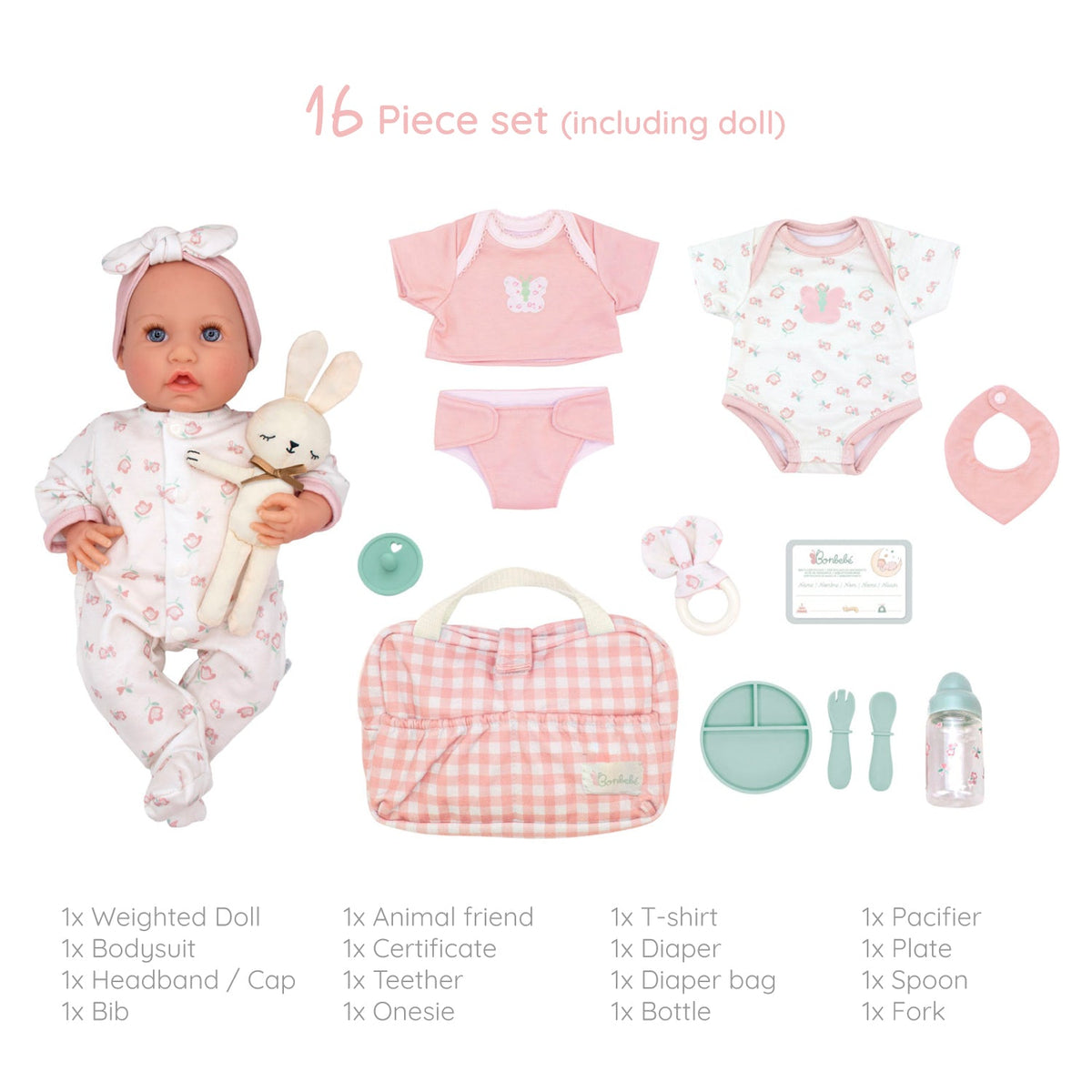 Bonbebé 15.5" Weighted Reborn Baby Doll in Pink with Real Heartbeat - 16-Piece Gift Set | JC Toys | LOCAL PICK UP ONLY
