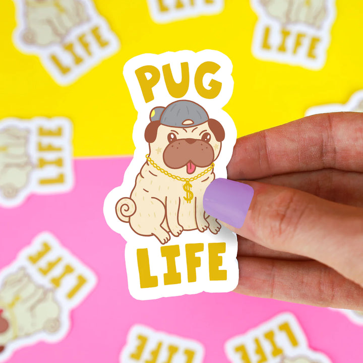 Funny pug with hat and chain sticker with words pug life