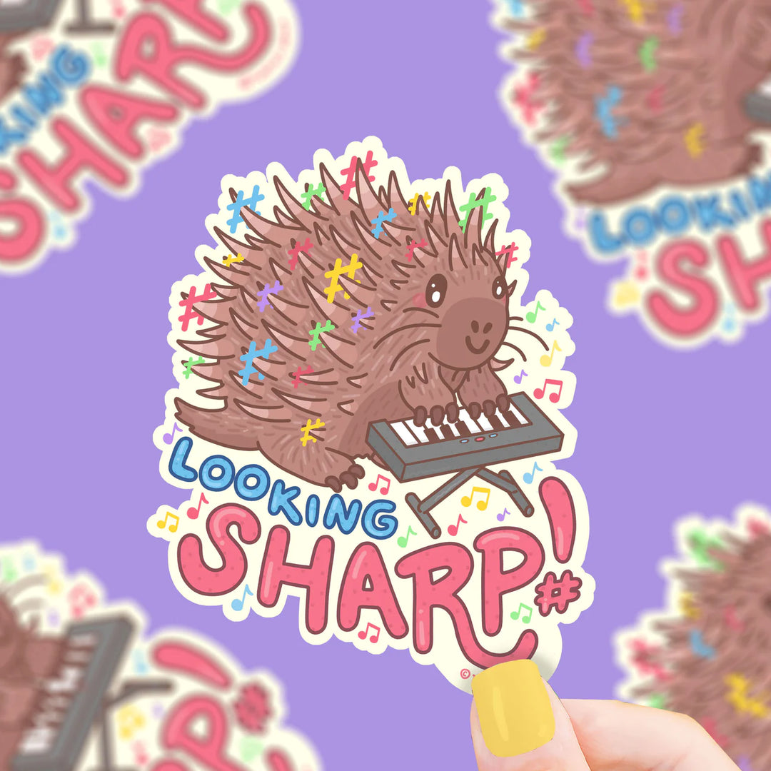 Porcupine playing keyboard with sharps in its quills with words looking sharp on vinyl sticker