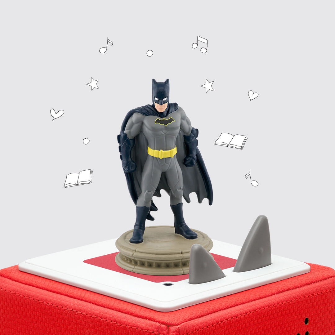 Tonie DC Batman Figurine standing on platform set on top of red Toniebox