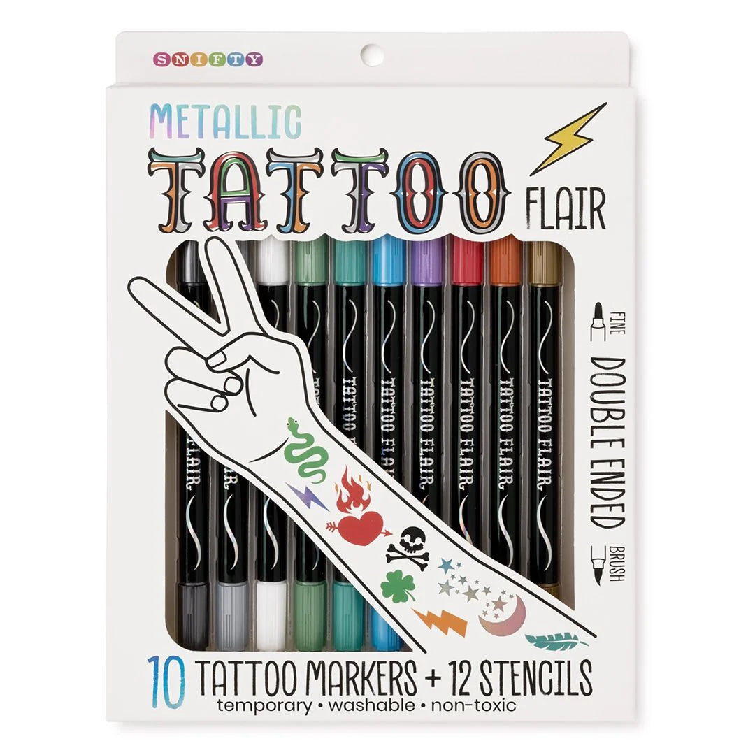 Metallic Tattoo Flair: 10 Tattoo Markers + 12 Stencils | SNIFTY