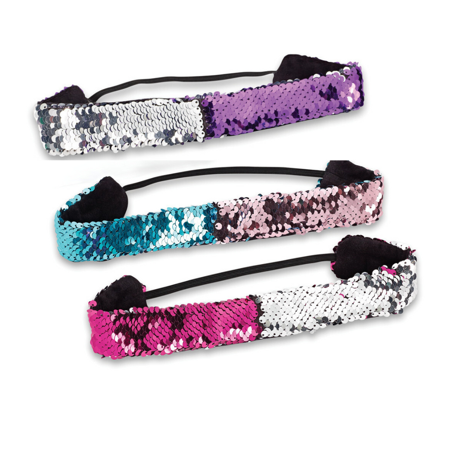 all three colors of sequin headbands diplayed