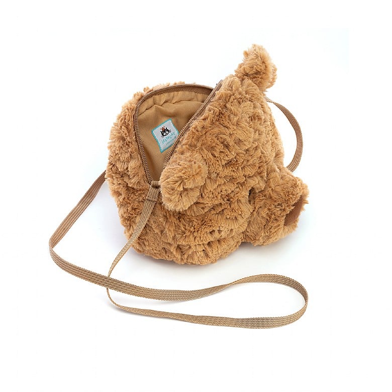 side view of bartholomew bear bag with zipper open