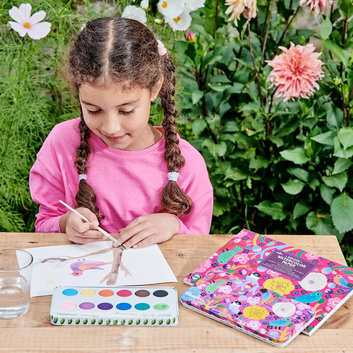 Birds in Fuchsia Watercolors Paint Tin | eeBoo