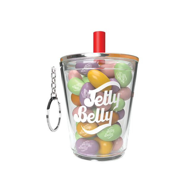 front view of mini boba milk tea cup with jelly beans inside