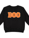 Black sweatshirt with embroidered orange letters spelling out BOO