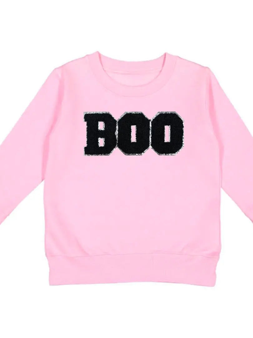 Pink sweatshirt with black BOO patch 