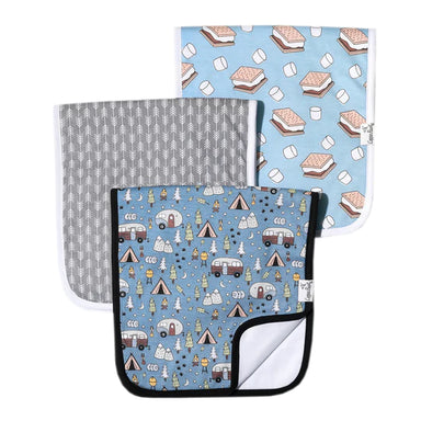 all 3 designs of burp cloths set out for display