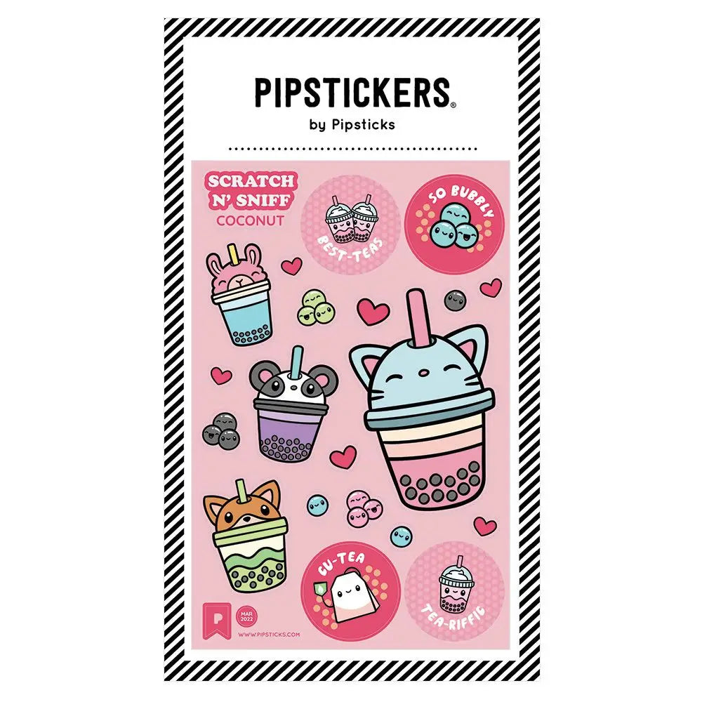 Scratch and sniff coconut scented stickers of cute boba tea animals