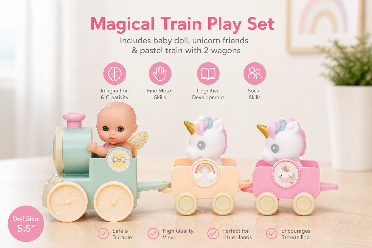 Lil' Cutesies Fairy Baby Doll & Unicorn Train Playset - 5.5" All Vinyl | JC Toys