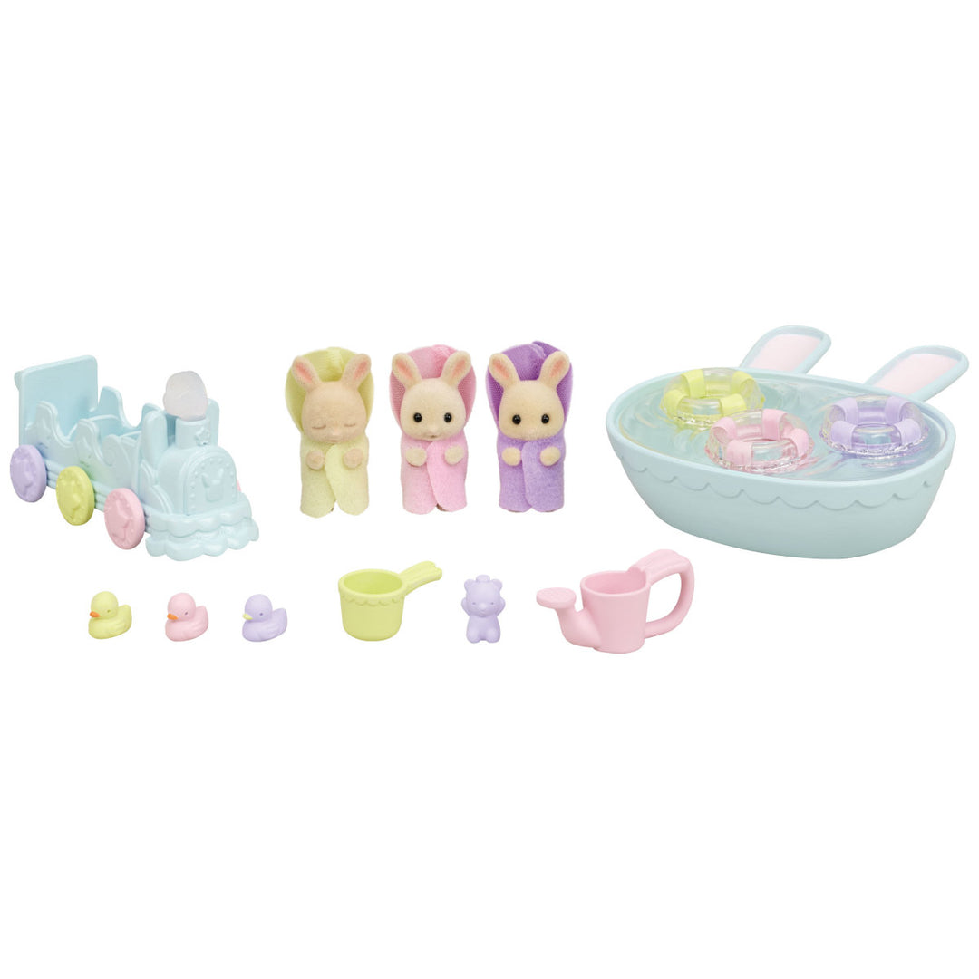 Milk rabbit triplets bathtime set with bath, ducks, toys and a choo choo train