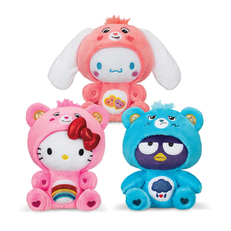 front view of all 3 care bear x hello kitty plush