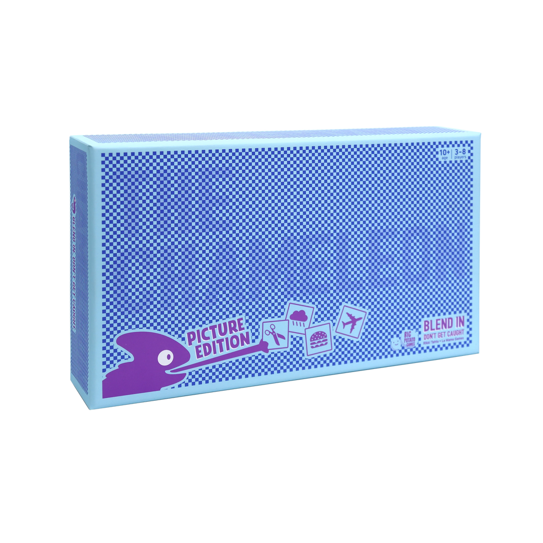 Blue box with purple chameleon in bottom left corner