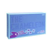 Blue box with purple chameleon in bottom left corner