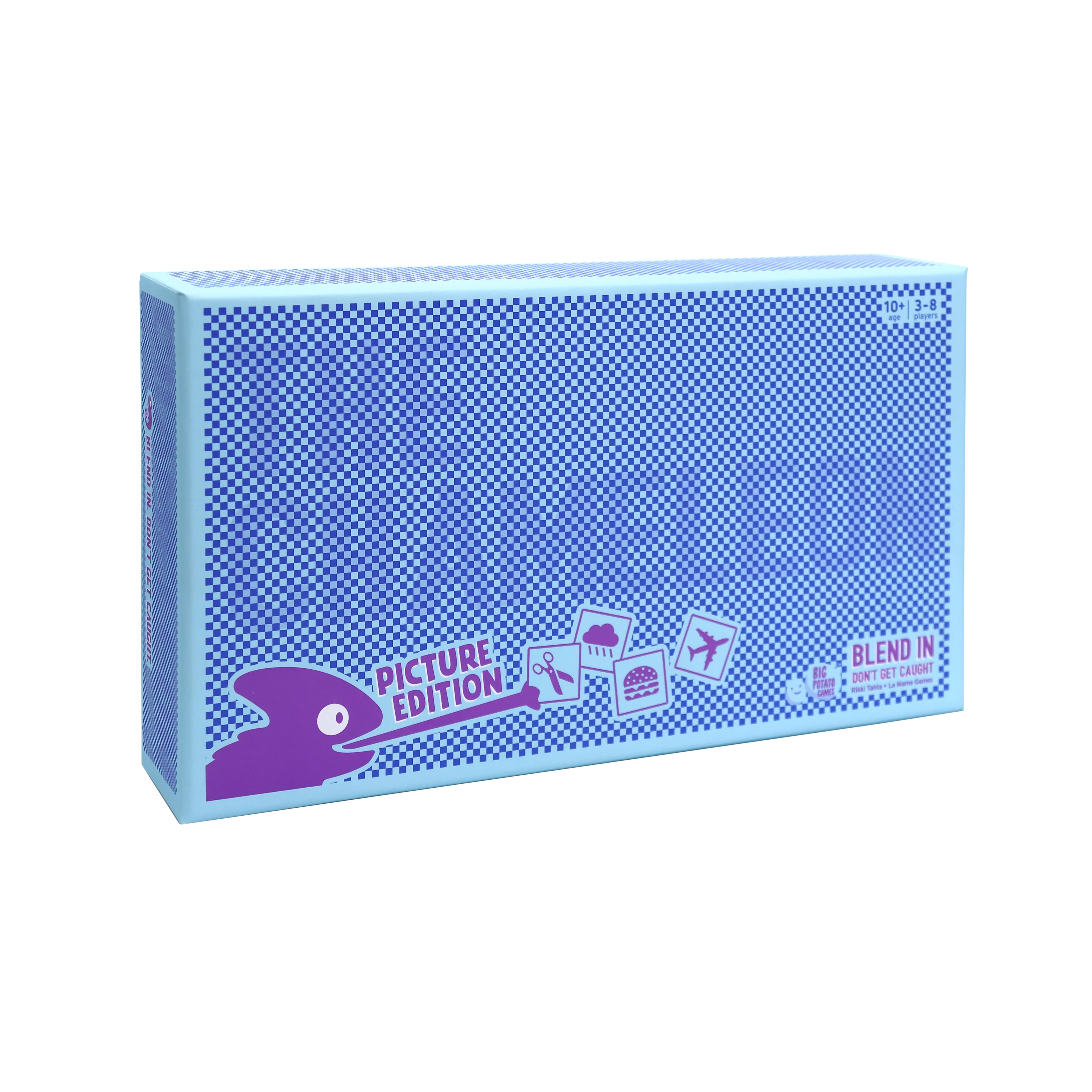 Blue box with purple chameleon in bottom left corner