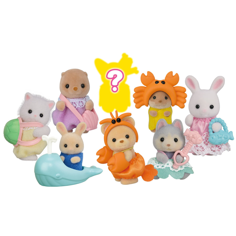Calico Critters Baby Sea Friends shows all options you may receive including a blurred out option with a question mark for the surprise possiblity
