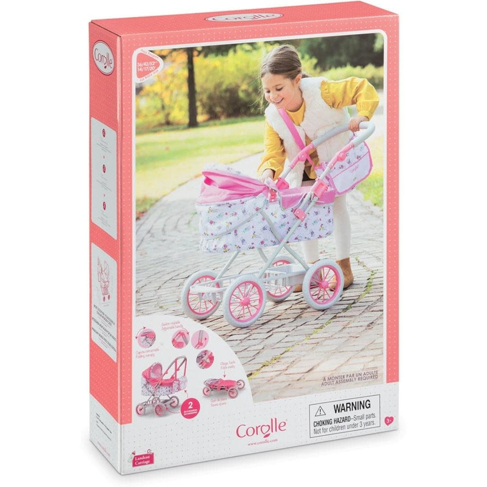 Box showcasing pink floral play pram