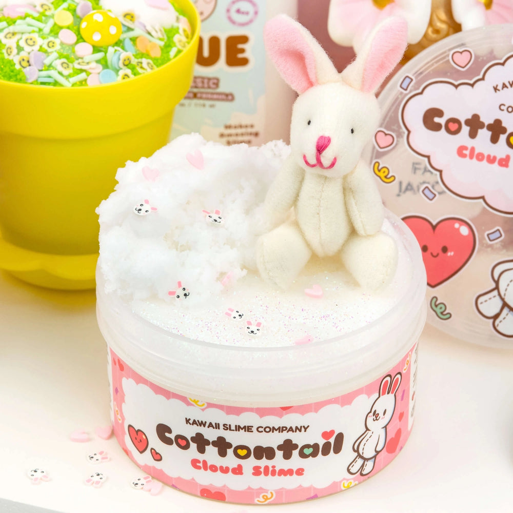 cottontail slime without lid and with bunny stuffie charm sitting on top