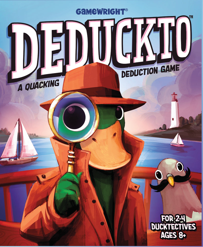 Front of game Deduckto with a duck in a spy outfit holding a magnifying glass
