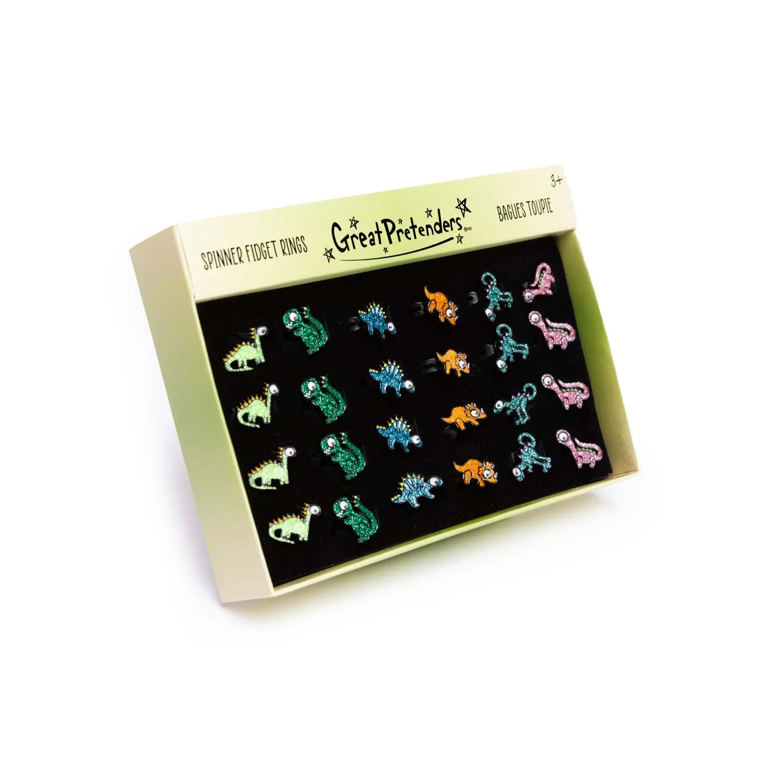 left angled view of display box with each style dinosaur fidget ring