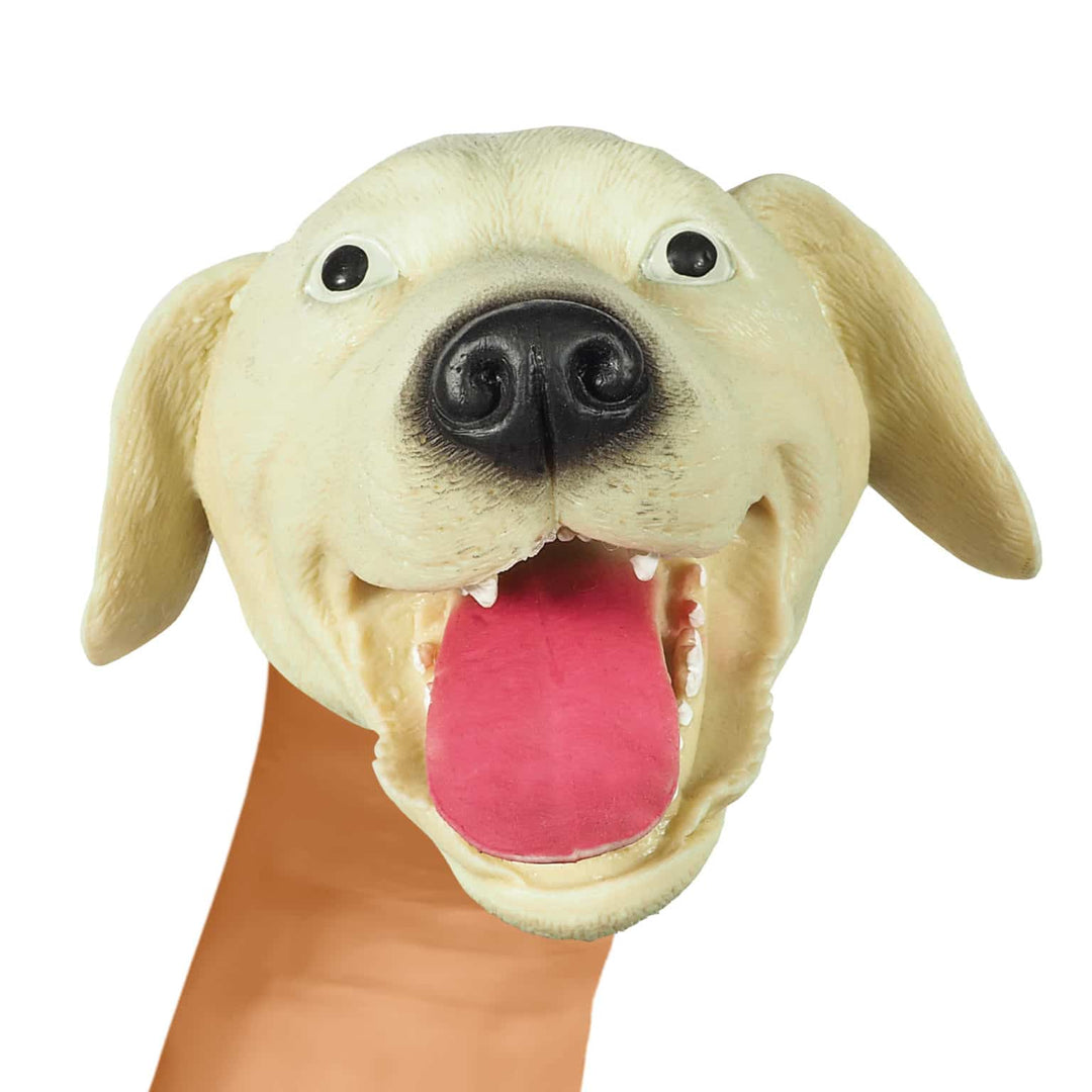 front view of yellow dog hand puppet