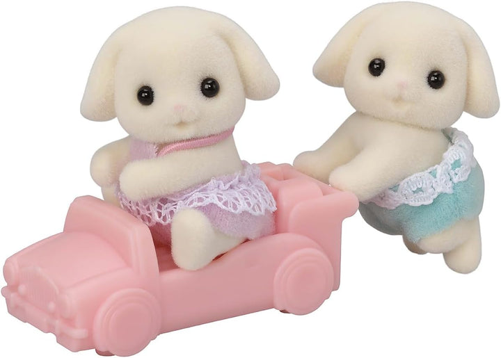 flora rabbit twins, sitting one in cart, crawling one pushing