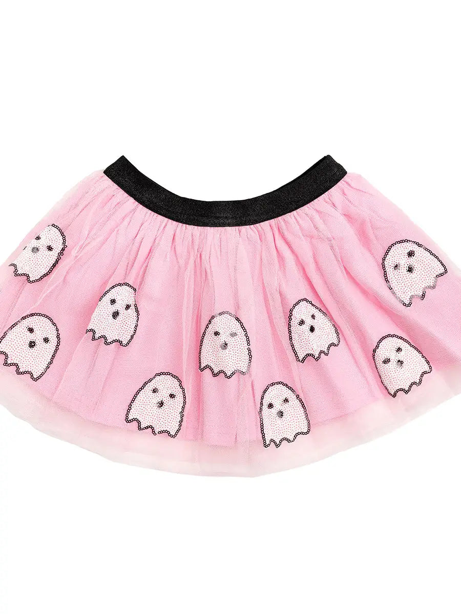 Pink tulle skirt with black elastic band with sequin white ghosts