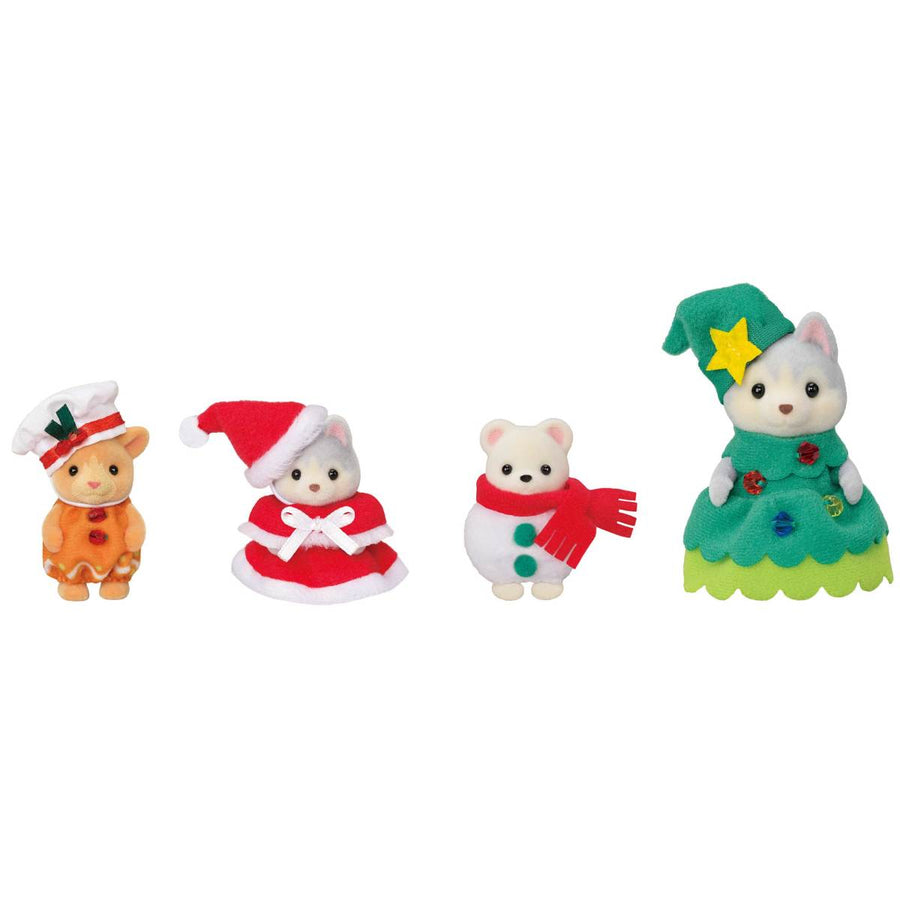 Happy Christmas friends from Calico Critters, baby reindeer, husky and polar bear standing with a mother husky all dressed for the holidays